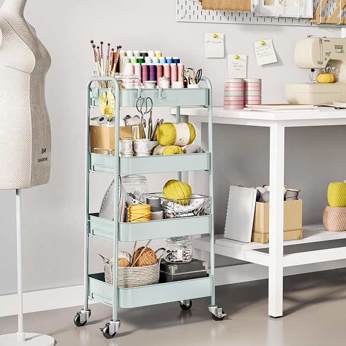 TOOLF 4 Tier Metal Rolling Cart, Utility Storage Cart with Wheels, Green | Screwless Assembly, Lockable Metal Wheels, Trolley Organizer for Bathroom, Kitchen, Office, Dorm, Laundry, Craft Room - Image 9
