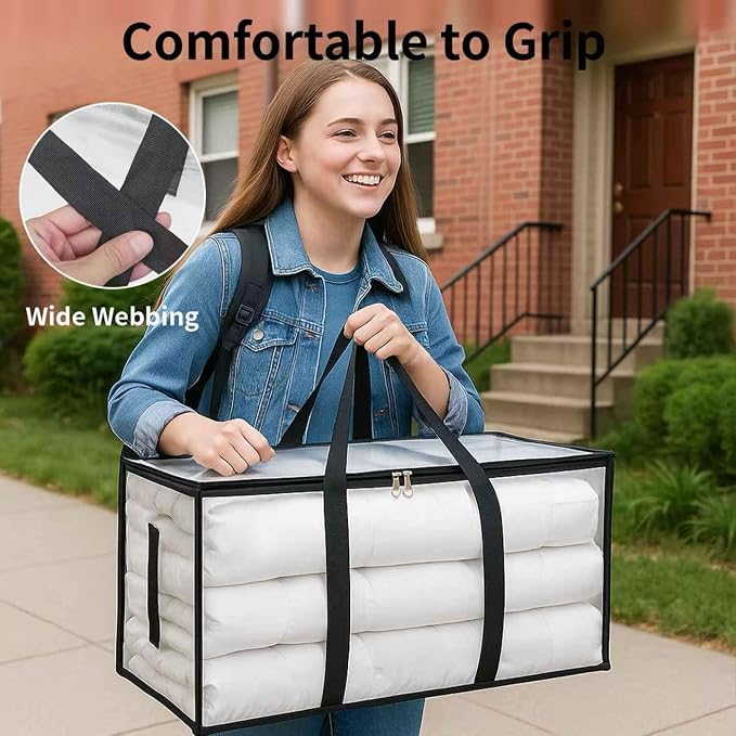 6 Pack-Extra Large Heavy Duty Moving Bags - Waterproof Storage Totes with Handles & Zippers, Foldable for College Dorm, Storage (Clear) - Image 5