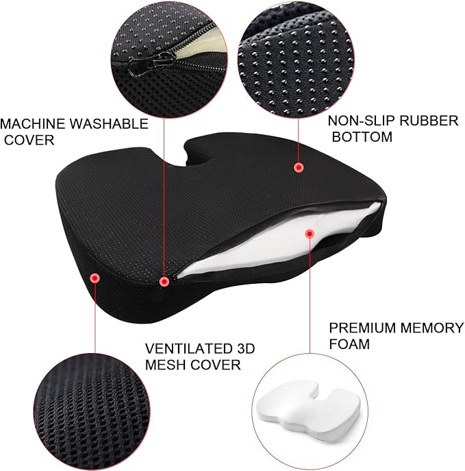 Seat Cushion Premium Memory Foam Non-Slip Coccyx Tailbone Cushion for Office Chair, Car Seat, Wheelchair, Yoga and Travelling- Back, Hip and Tailbone Pain Relief - Image 3