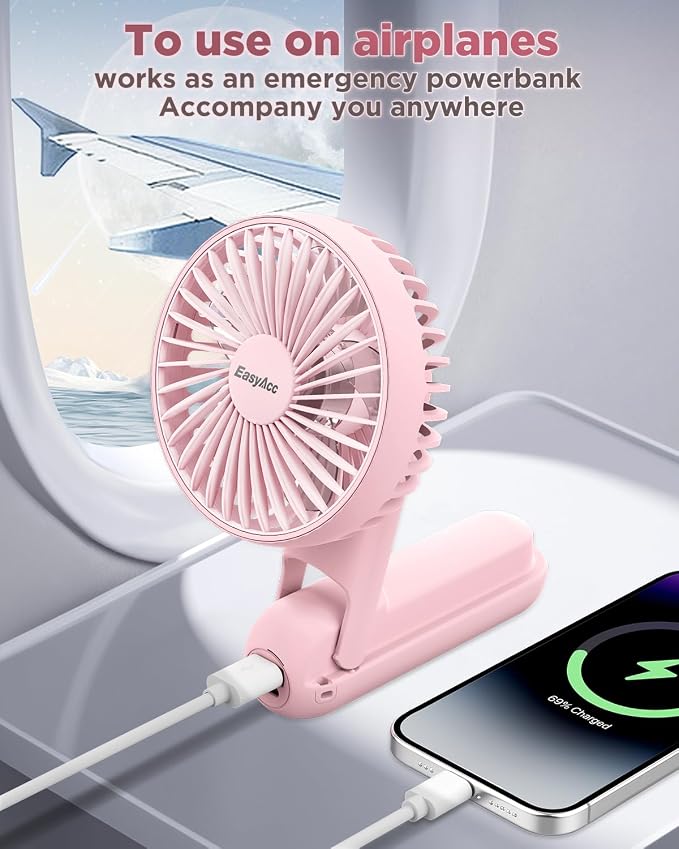 EasyAcc Portable Fan with Built-in Battery, 5 Speeds, Ultra Quiet, 3-18H Runtime, Backup Power, Digital Display, Foldable Handheld and Neck Fan with Lanyard for Travel, Pink - Image 4