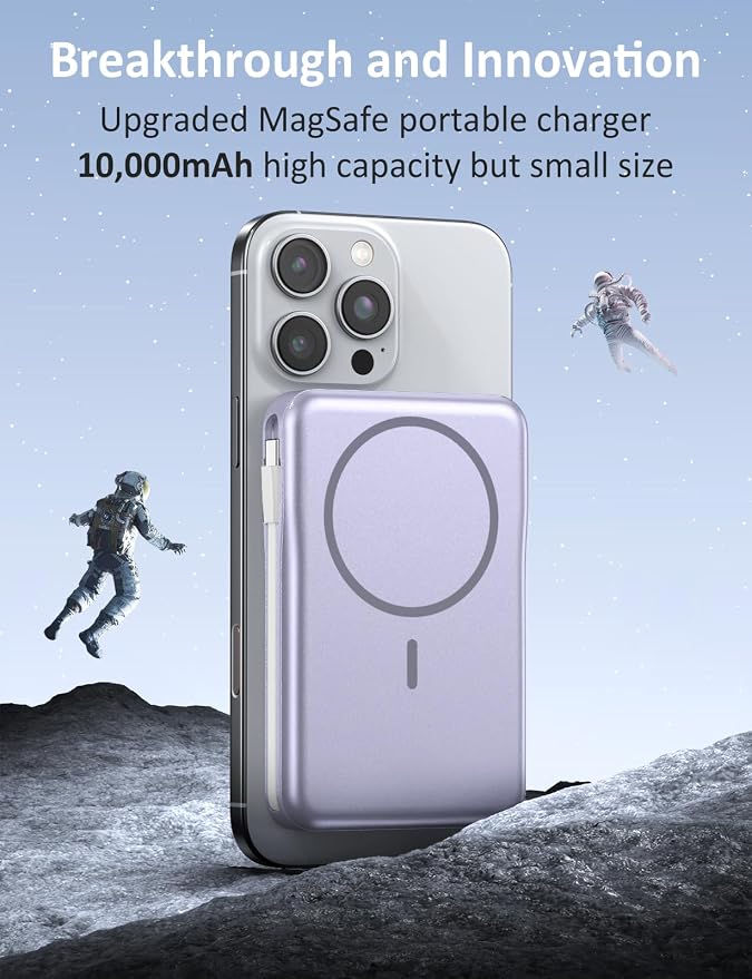 Magnetic Portable Charger 10000mAh, 20W Power Bank with Built in Cable | 20W Fast Charging for Magsafe Battery Pack with LED Display, Travel Essential for iPhone 17/16/15/14/13 Pro/Pro Max-Lavender - Image 3