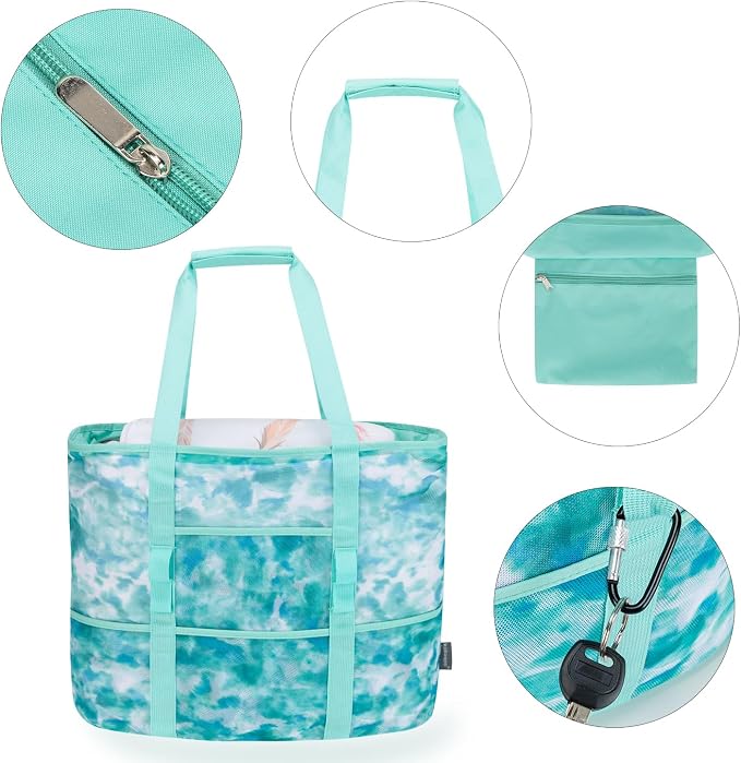 KABAQOO Mesh Beach Bag, Extra Large Beach Bags with 9 Pockets & Zipper Waterproof Lightweight Beach Tote for Beach/Pool Trip - Image 3