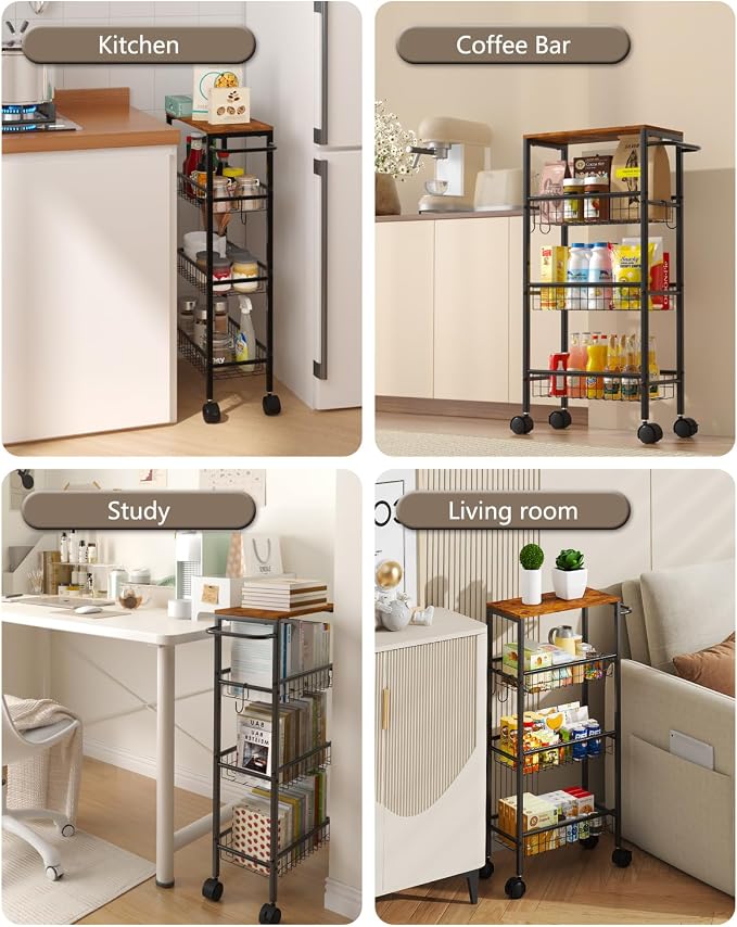 Rolling Utility Cart, 4-Tier Slim Narrow Storage Cart with Wheels for Kitchen, Laundry Room Organization, Metal Bathroom Organizer with Wood Top, Brown, 17.3" x 7.9" x 32.6" - Image 4