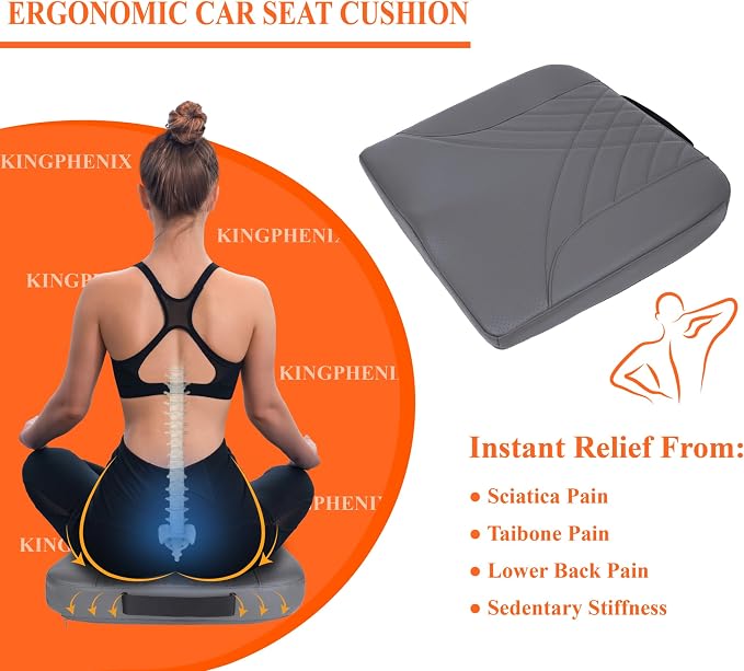 kingphenix Memory Foam Car Seat Cushion for Driving Comfort and Office Use | Coccyx and Lower Back Pressure Relief, Non-Slip Seat Cushion for Car, Truck, SUV, Long Drives and Office Chair, Dark Gray - Image 3