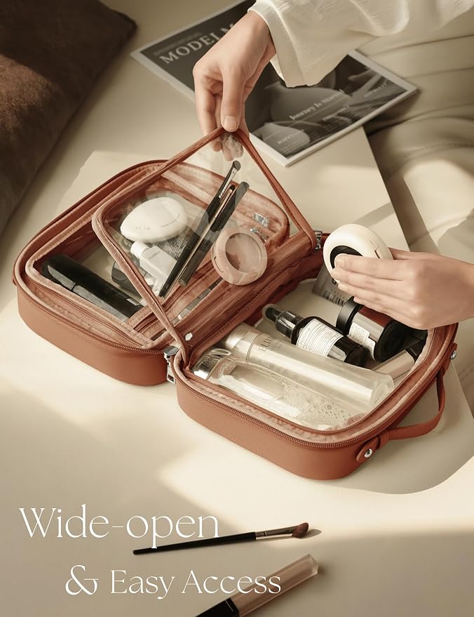 Clear Cosmetic Bag Double Layer Travel Toiletry Bag Clear Makeup Bag Case with 4 Compartments, Transparent Travel Bag for Toiletries, Large Toiletry Bag for Women Cosmetic Case (Brown, Large) - Image 2