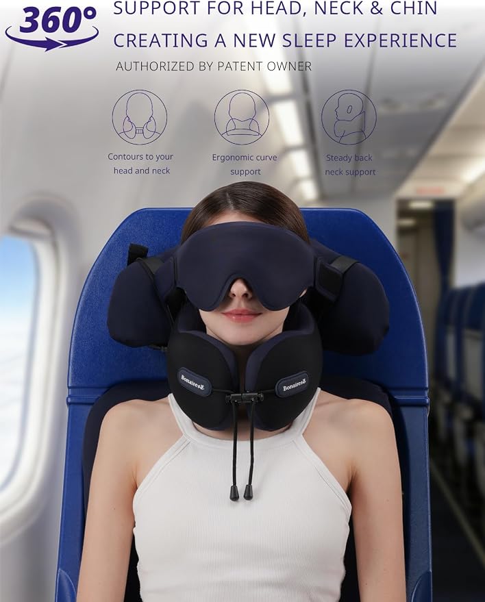 Travel Pillow, Neck Pillow Airplane for Long Flight Sleeping | Soft Supportive Foam, Head Pillow 3D Eye Mask & Seat Strap for 360°Support Head, Neck & Chin Travel Essentials Black & Purple - Image 2