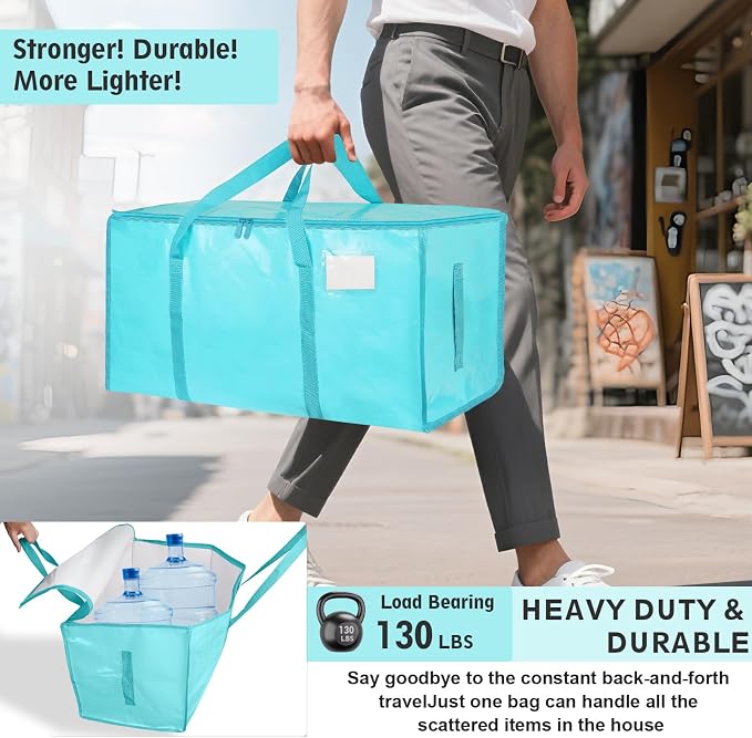 8 Pack-Extra Large Heavy Duty Moving Bags - Waterproof Storage Totes with Handles & Zippers, Foldable for College Dorm, Storage (lake blue) - Image 3