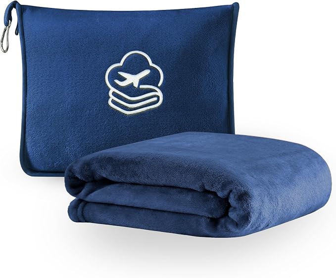 Travel Blanket, Soft 2-in-1 Airplane Blanket, 65x40 Inches, Travel Blanket Airplane Compact with Bag, Car Blanket with Luggage Sleeve & Backpack Clip (Navy Blue) by PEUJEW