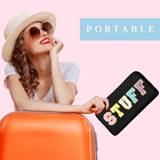 Preppy Makeup Bags Chenille Letter Stuff Bag Nylon Cosmetic Pouch Cases with Zipper for Women Travel Toiletry(Cute Color,Vivid,4 Pcs) - Image 6