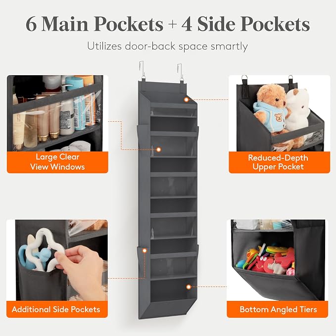 Lifewit 1 Pack Over the Door Organizer, 6 Section Clear Window Hanging Storage with 4 Side Pockets, Sturdy Anti Tilt 40 lbs Load Behind Door for Closet, Bedroom, Bathroom, Nursery, Dorm, Dark Gray - Image 3