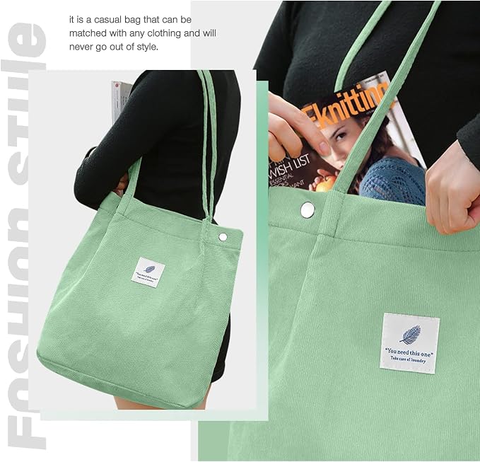 LHMTQVK Corduroy Tote Bags for Women, Large Capacity Tote Purse Reusable Grocery Shoulder Bag with Inner Pockets - Image 5