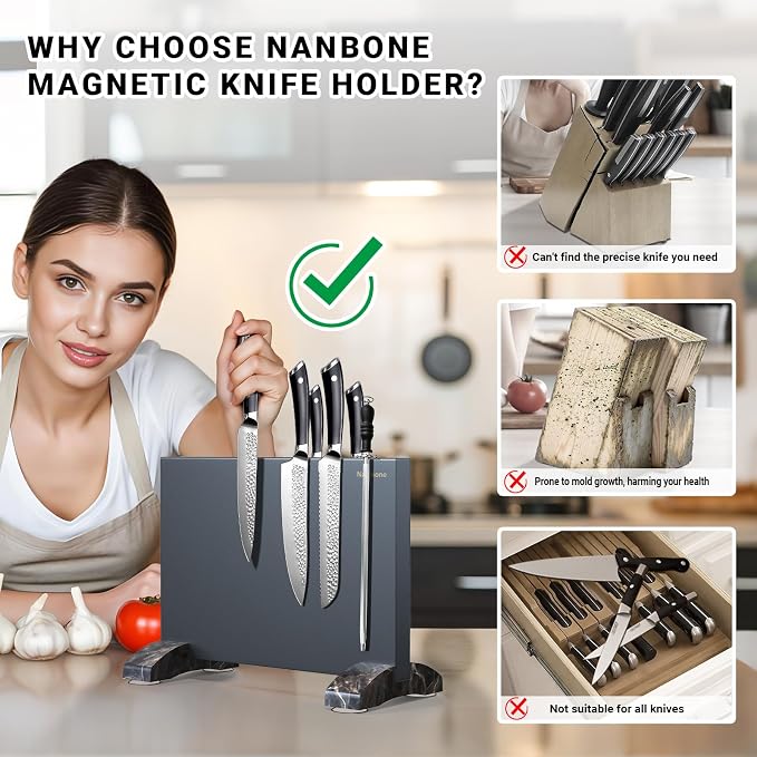 Black Magnetic Knife Block Stand Without Knives Black Double Sided Magnetic Knife Holder Rack for Kitchen Counter Stainless Steel Knife Magnetic Strip Display Stand Storage Organizer - Image 4