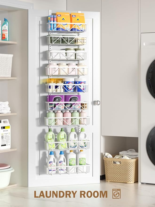 Delamu Adjustable Over the Door Pantry Organizer, 9-Tier Metal Pantry Organization and Storage for Kitchen, Hanging Spice Rack Seasoning Shelves, Cabinet Door Organizer for Easy Install, 16" White - Image 9