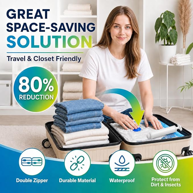 Vacuum Storage Bags,20Pack Vacuum Seal Bags for Clothing,Travel,Clothes,Comforters,Blankets,Pillows-4 Jumbo+4 Large+4 Medium+4 Small+4 Roll Up Space Saving Bag Hand Pump Inclued - Image 3