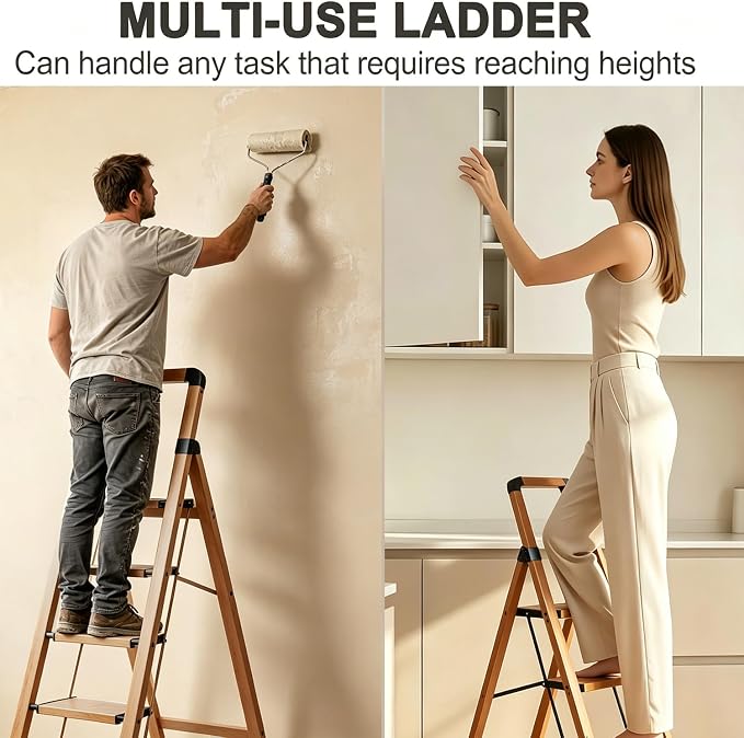 Step Ladder 4-Step Woodgrain Finish Aluminum Folding Ladders | Anti-slip Sturdy Foldable Ladder Step Stool for Kitchen Home Office Libaray - Image 4