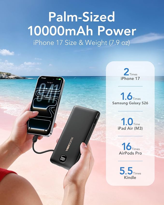 VEEKTOMX Portable Charger with Built-in Cables and AC Wall Plug, 10000mAh | Pocket-Size Travel Power Bank with USB-C and Micro-USB Cables for up to 4 Devices Including iPhone, iPad, Samsung, jet black - Image 5