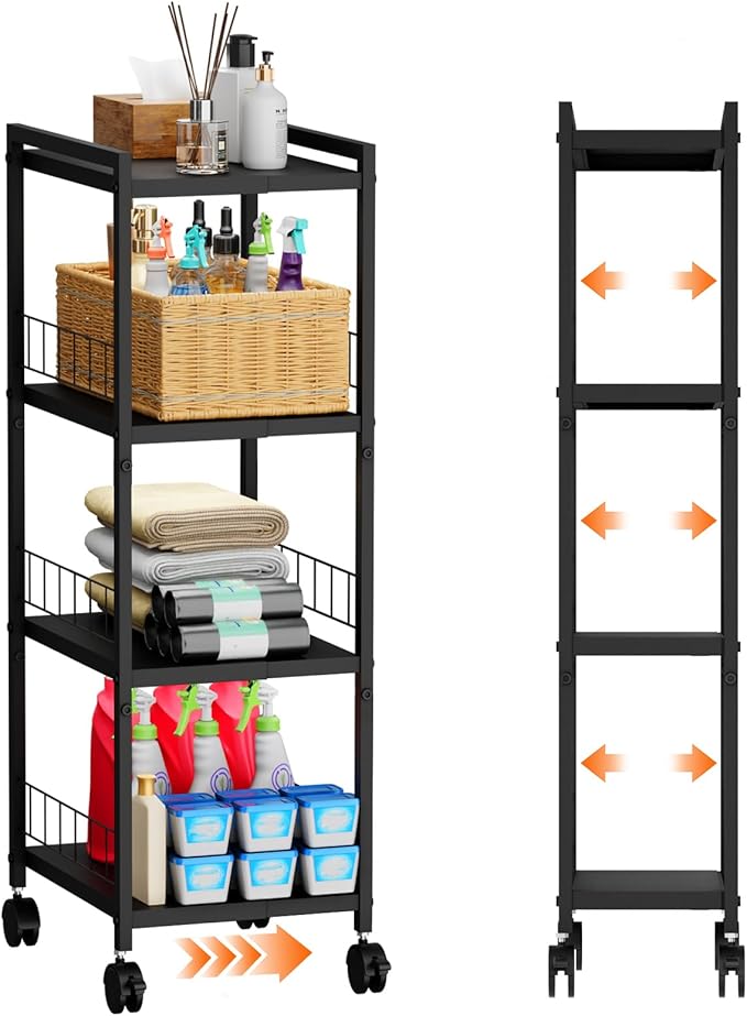 Expandable Slim Storage Cart with Wheels, 4 Tier Narrow Metal Rolling Utility Cart Organizer Adjustable Open Floor Shelving Unit for Small Spaces Bathroom Laundry Room Kitchen by Unknown