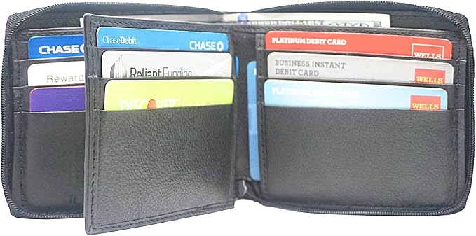 RFID Blocking Bifold Cowhide Leather Wallets For Men With Zipper Security | Safe Metal Zip Chain 9 Card-ID Slim Minimalist Mens Wallet (Gray) - Image 3