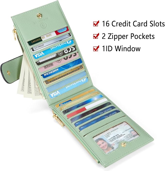 BOSTANTEN Leather Womens Wallet Large RFID Blocking Slim Card Holder | 16 Card Slots, 2 Zipper Pockets, Bifold, Long, Fits Most Purses, Organized Everyday Carry, Ladies Gifts, Green - Image 3