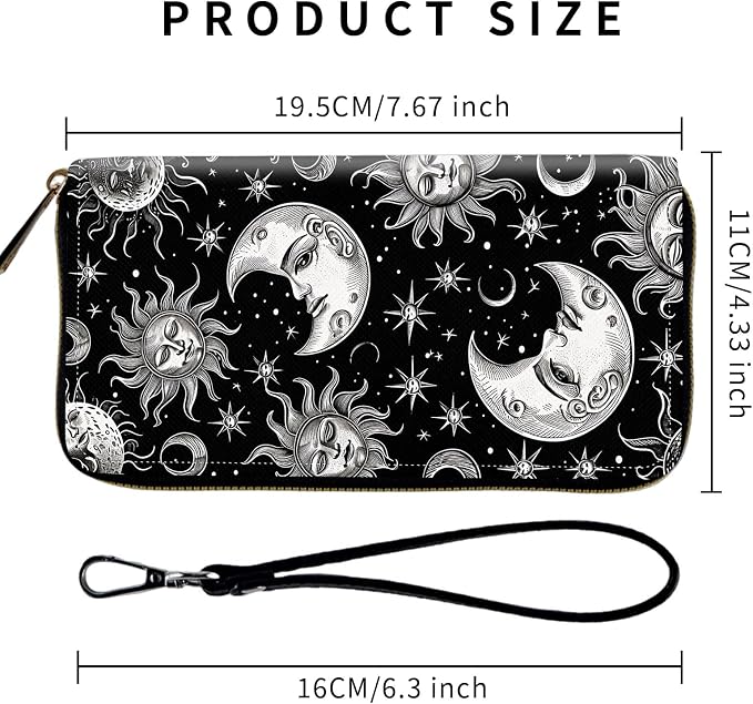 Wallet,Leather Long Wallet Suitable For Ladies And Teenagers - Detachable Wristband + RFID Travel Wallet With Card Slot - Vintage Sun Moon Stars - Image 2