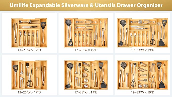 Large Expandable Kitchen Silverware Utensils Drawer Organizer, 2.5" Extra High Adjustable Drawer Divider with Curved Grooves, Bamboo Wood Cutlery Tray Flatware Holder - Image 7
