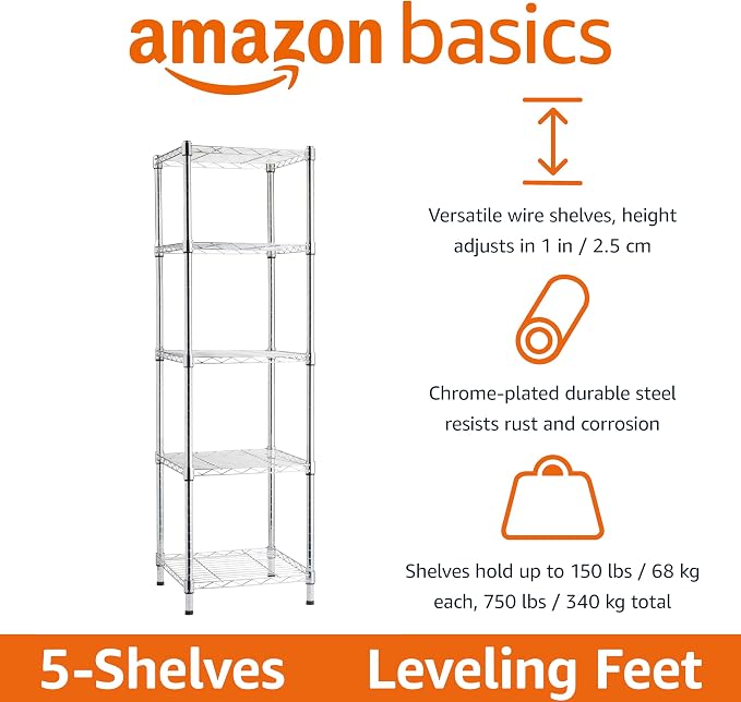 Amazon Basics 5-Shelf Tower Adjustable Storage Shelving Unit, Chrome, 16" x 16" x 54", 150 lbs Per Shelf | Tower - Image 4