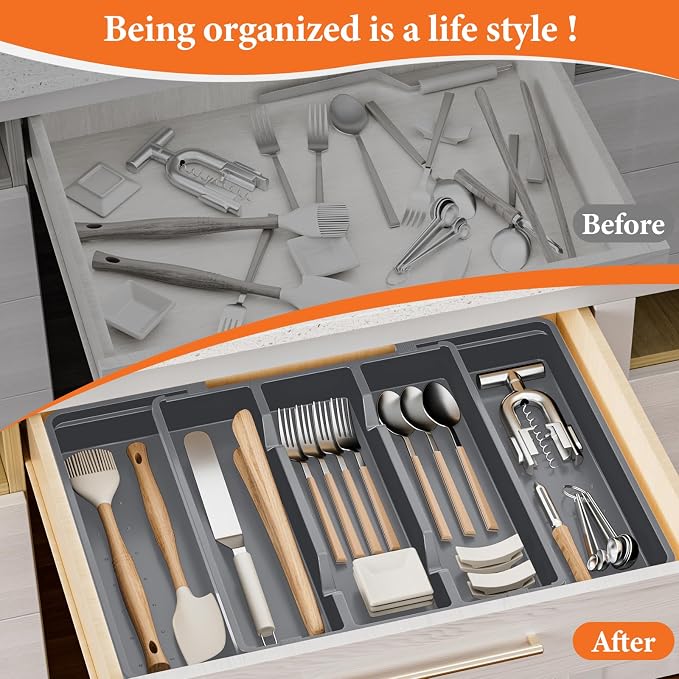 Large Expandable Silverware Drawer Organizer, Utensil Tray | Kitchen Drawer Organizer for Spoons/Forks/Knives, Multipurpose & BPA Free Cutlery Tray(2 Pack, Gray) - Image 5
