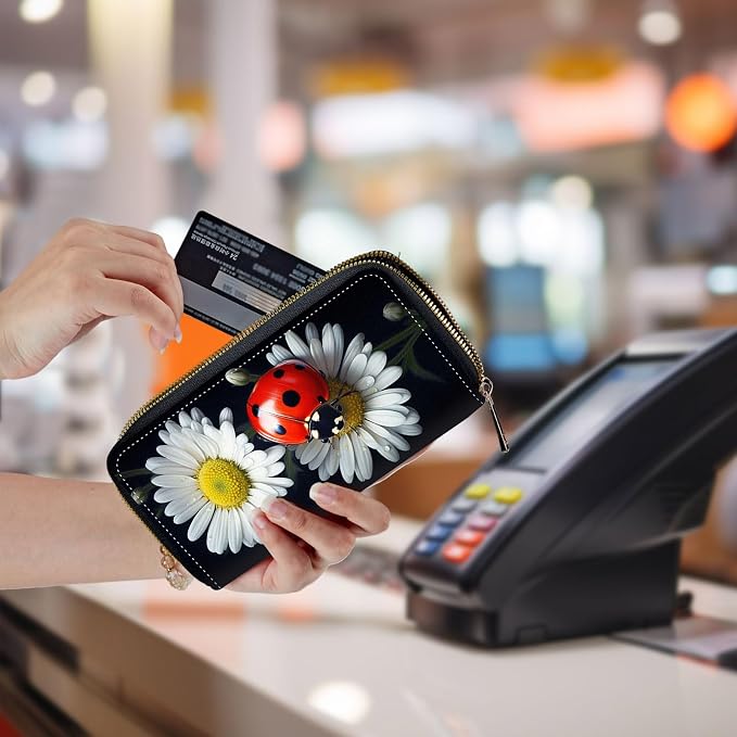Wallet,Leather Long Wallet Suitable For Ladies And Teenagers - Detachable Wristband + RFID Travel Wallet With Card Slot - Ladybug on Daisy Flower - Image 5