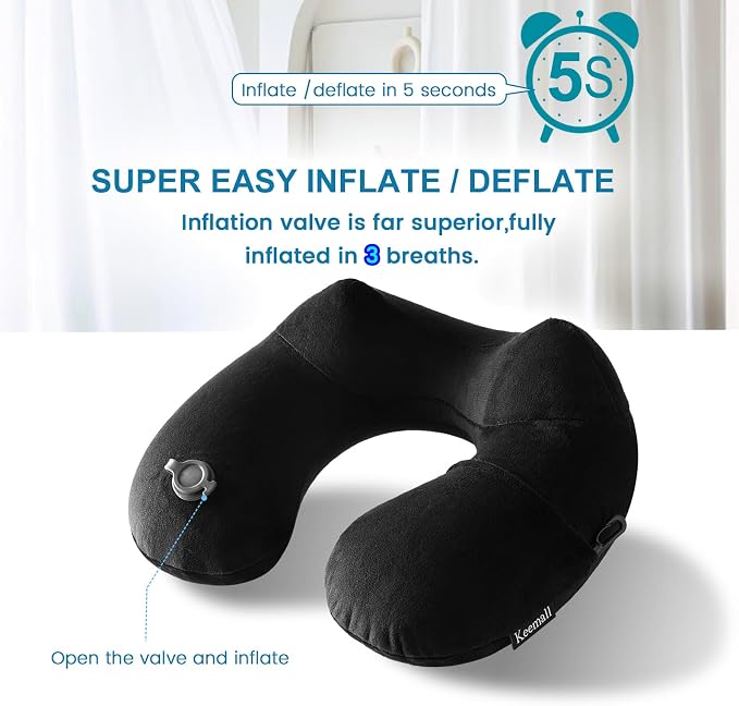 Keemall Portable Inflatable Travel Neck Pillow for Airplane, Car & Office | Ergonomic Velvet Cervical Cushion Relieves Neck Pain, Great for Business Travel, Plane, Car & Daily Commute, Premium Black - Image 8
