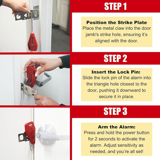 Securityman Portable Door Lock with Alarm | Hotel Door Locks for Travelers Security | Loud 130dB Door Security Device for Hotel Room, Apartment Home, & Travel Safety Inside for Women Children - Red - Image 6