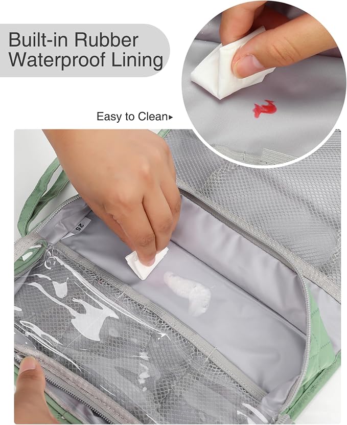 Relavel Travel Hanging Toiletry Bag for Women for Full-size Container | Travel Wash Bag with 360° Rotation Hook, Waterproof Large Stand Up Toiletries Organizer for Bathroom Shower Camping - Green - Image 8