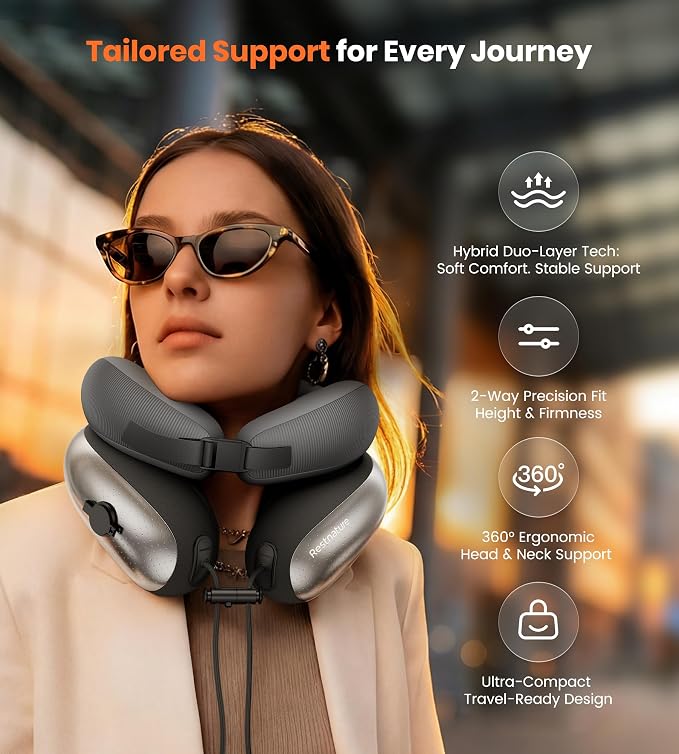 Neck Pillow for Traveling, Travel Pillows for Airplanes, Adjustable Neck Pillow Airplane Travel Essentials - 2 Layer Patented | Inflatable Air Loop & Memory Foam for 360° Ergonomic Support - Image 2