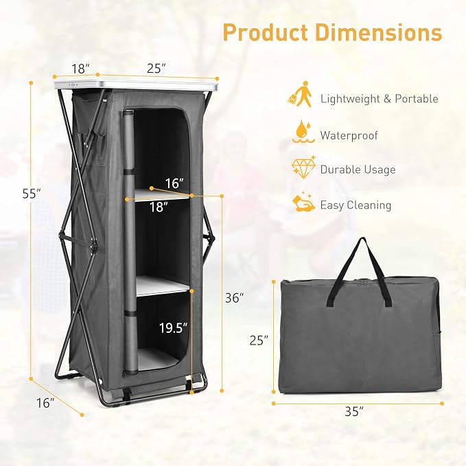 Goplus Folding Camping Storage Cabinet, Pop Up Outdoor Camping Kitchen Station with Large 3-Tier Storage Organizer, Carry Bag, Easy Set Up Portable Compact Camping Table for BBQ Picnic Backyard (55'') - Image 2