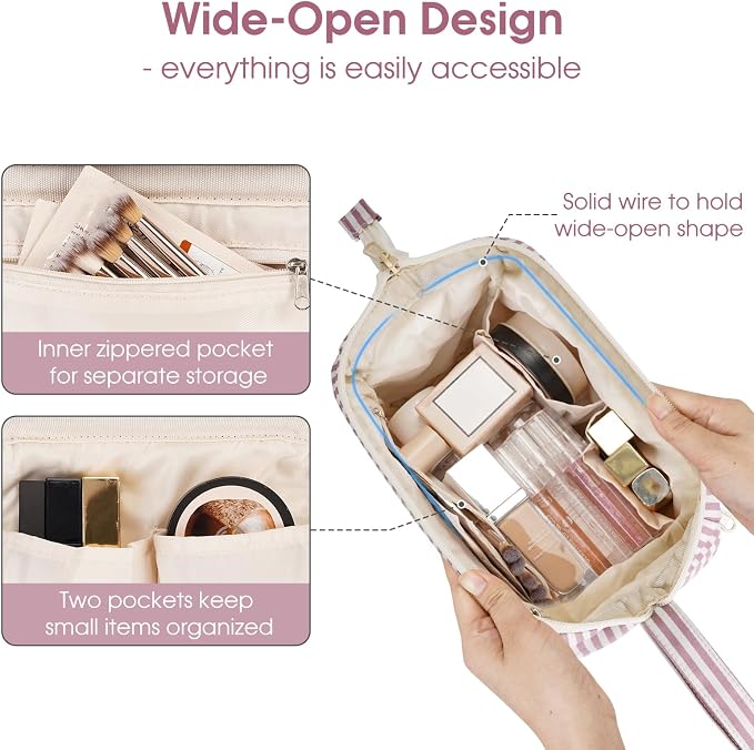 Narwey Striped Makeup Bag Women Wide-open Make up Bag Travel Cosmetic Bag Organizer Toiletry Bag for Cosmetics Toiletries Accessories (Dusty Rose Stripe) - Image 2