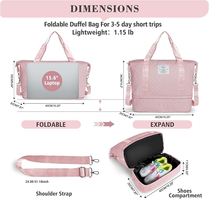 Geestock Travel Duffle Bag - Weekender Overnight Bags for Women, Pink | Travel Bag with Expandable Shoe Compartment & Trolley Sleeve, Lightweight Carry On Bag with Drawstring Storage Pouch for Trip - Image 2