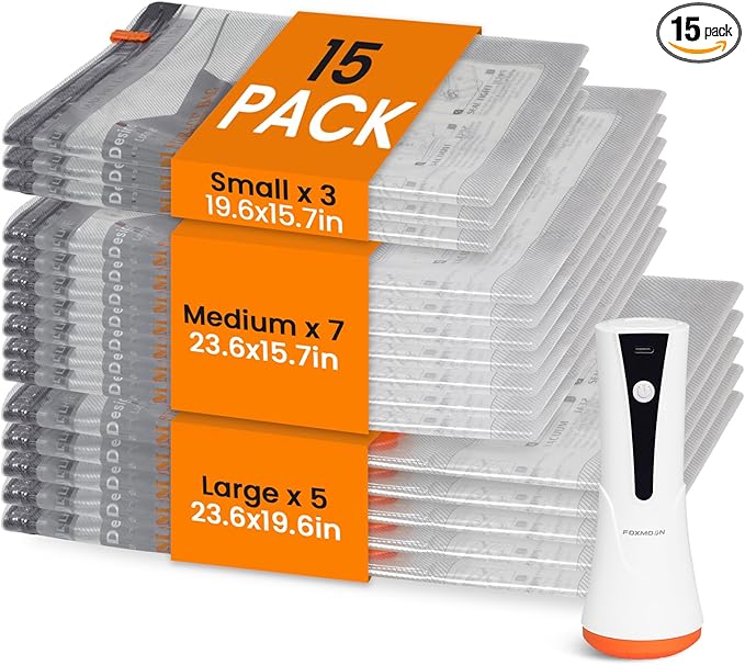 Vacuum Seal Bags for Clothing Travel with Rechargeable Cordless Pump, 15 Pack Compression Space Saver Bags for Packing, Luggage and Seasonal Storage by Foxmoon