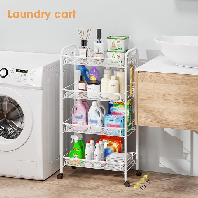 TOOLF 4 Tier Rolling Cart, Metal Utility Storage Cart with Wheels, White | 3 Hooks, Screwless Assembly, Trolley Organizer for Bathroom, Kitchen, Office, Nursery, Dorm, Laundry Room - Image 8