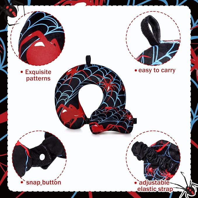 Gilprop 2 Pcs Spiderweb Travel Pillow with Sleep Eye Mask, U Shaped Memory Foam Headrest & Neck Pillow with Washable Cover, Soft Neck Head Support Travel Accessories for Airplane Car Train Bus Trips - Image 4