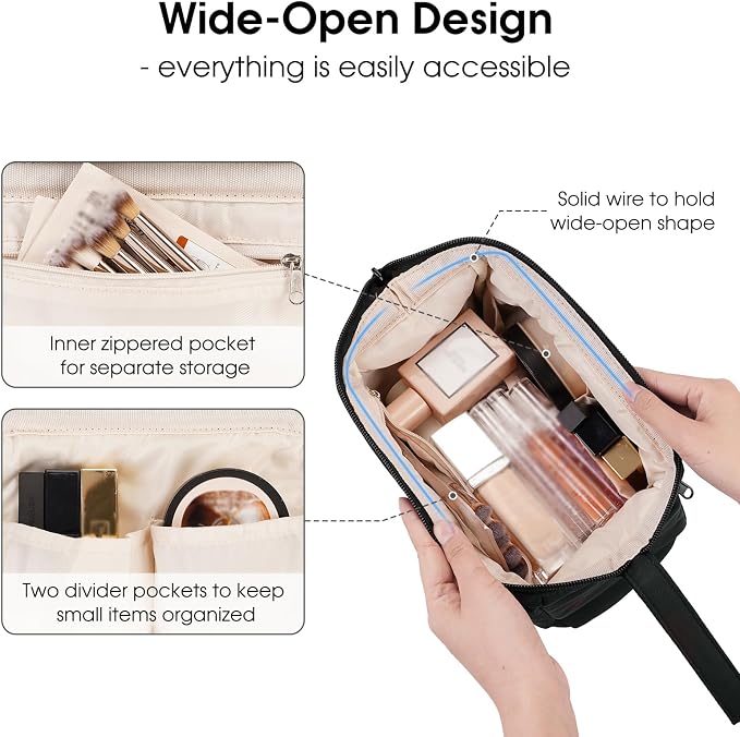 Narwey Makeup Bag Women Wide-open Make up Bag Travel Cosmetic Bag Organizer Toiletry Bag for Cosmetics Toiletries Accessories (Black) - Image 2