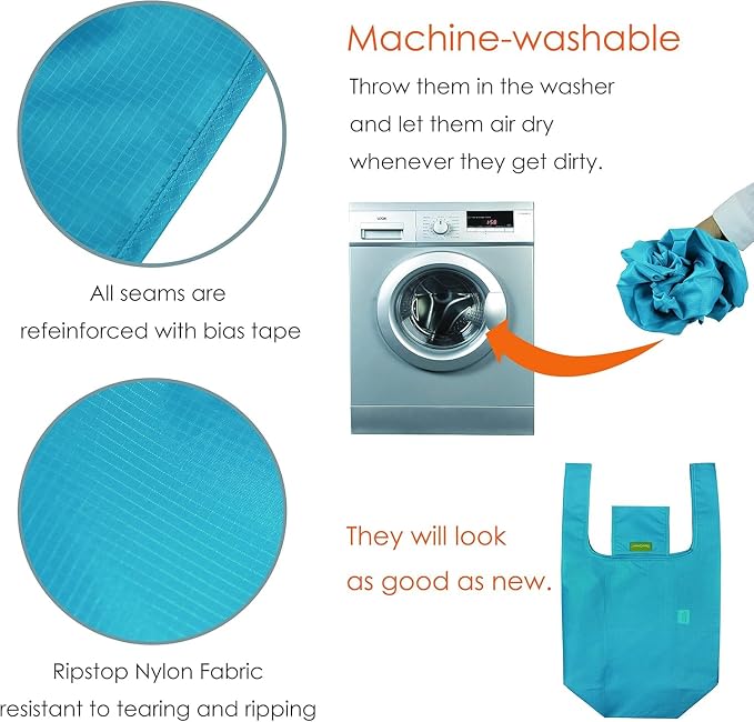 BeeGreen Light Blue Reusable Shopping Bags Wholesale Blue Reusable Grocery Bags Bulk Foldable-Machine Washable with Zipper Storage Pouch 20 Pieces - Image 6