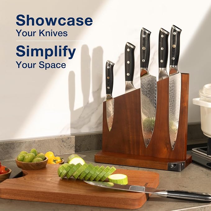 Magnetic Knife Block with Sharpener, Double Sided, Dark Acacia | Multi-Row Magnet, Hold 12 Knives as Damascus & Heavy Cleaver, No Slip, Countertop Kitchen Organizer, No Installation, Gift - Image 7