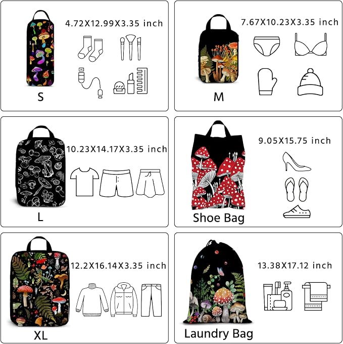 6 Pcs Compression Packing Cubes Waterproof Suitcase Travel Bag Luggage Backpack Organizer Travel Cubes for Packing-Black Mushroom - Image 6