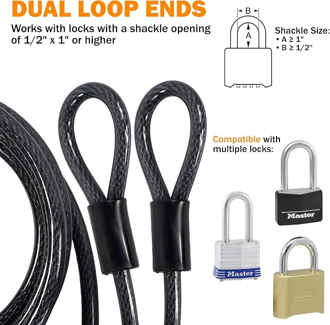 Lumintrail 12mm (1/2 inch) Heavy-Duty Security Cable, Vinyl Coated Braided Steel with Sealed Looped Ends (4', 7', 10', 15', 20', 25' or 30') (20-FT) - Image 7