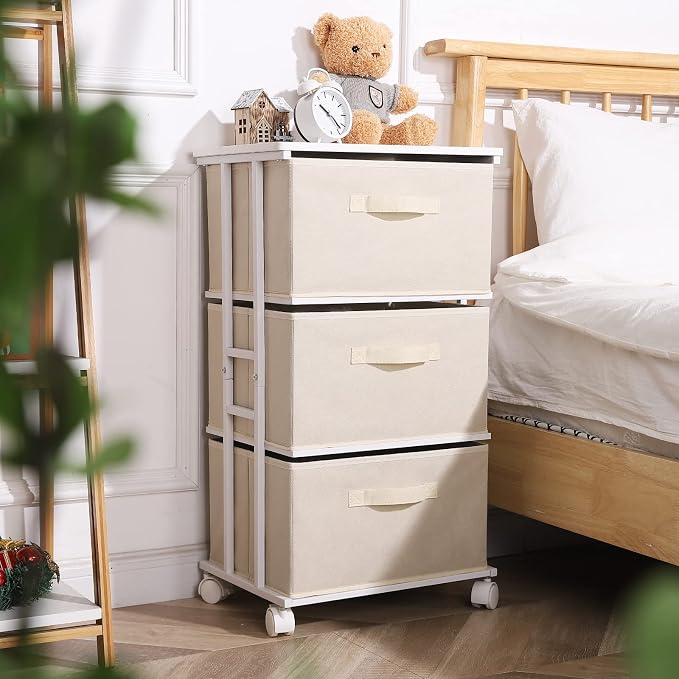 MAX Houser Dresser Tower with 3 Drawers for Bedroom, Fabric Storage Organizer Unit, Chest of Drawers with with WoodTop, Small Vertical Storage for Guest Room, Closet, Entryway(Beige) - Image 2