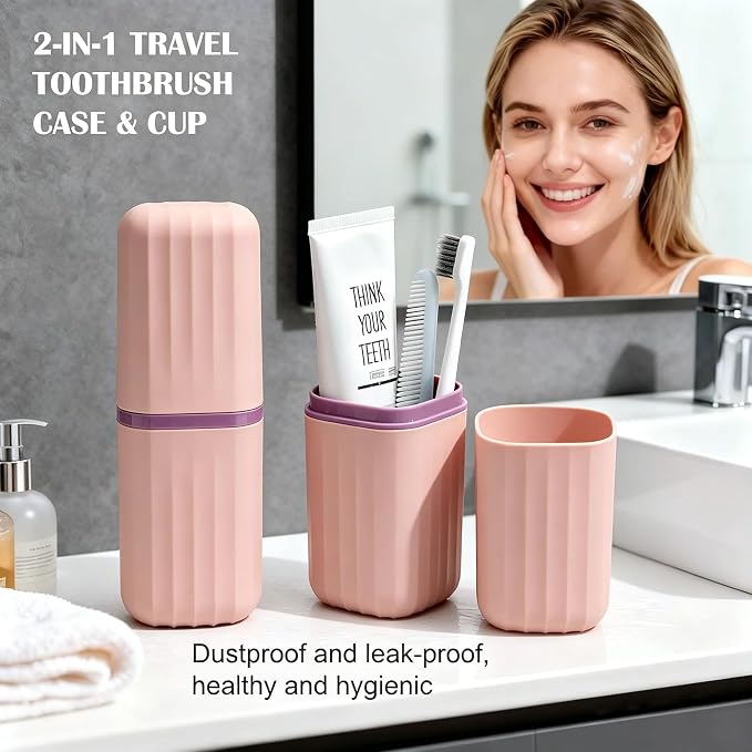Travel Toothbrush Holders, 2-in-1 Toothbrush Travel Case | Built-in 2 Portable Mouthwash Cup, Toothbrush & Toothpaste Storage Box, For Traveling Camping Business Trip Dorm Bathroom - Image 2