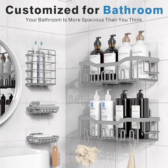 Shower Caddy 5 Pack,Adhesive Shower Organizer for Bathroom Storage&Home Decor&Kitchen,No Drilling,Large Capacity,Rustproof Stainless Steel Bathroom Organizer,Shower Shelves for Inside Shower-Larger - Image 2