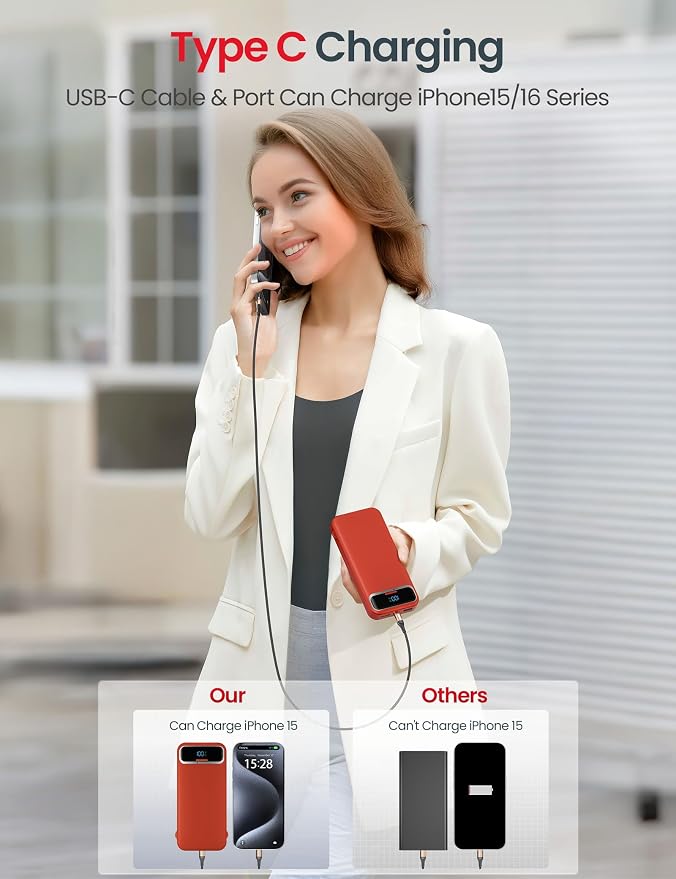 aonidi Portable Charger 12000mAh with Built-in Cables&AC Wall Plug, Red | PD20W USB C Fast Charging,LED Display External Travel Power Bank,TSA approved Battery Pack for All iPhone,Samsung,Android - Image 5