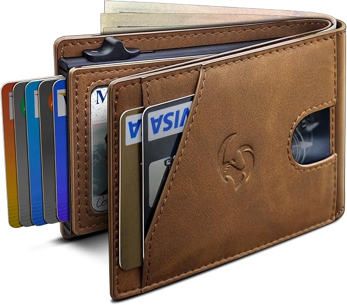 Wallet for Men, Slim Pop Up Card Holder with RFID Blocking, Minimalist Bifold Wallet with 9 Card Slots, ID Window and Cash Pocket, Metal Flip Case with Magnetic Closure, Gift Box by Housmai