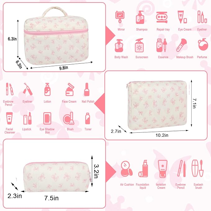 URSKYTOUS 3Pcs Makeup Bag Quilted Cotton Cosmetic Bags for Women Large Small Pink Bow Makeup Pouch Set Cute Coquette Floral Travel Bags Portable Skincare Toiletry Bag Vintage Puffy Essential Organizer - Image 2