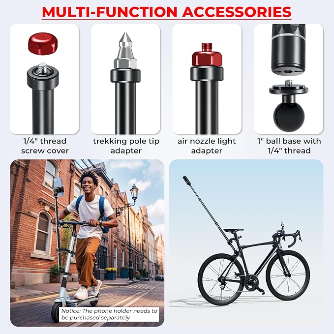 VAZESWIN Aluminum Alloy Motorcycle Camera Mount Kit for GoPro Insta360 DJI | Anti-Theft, 360° Rotation Heavy-Duty Bike Handlebar Clamp Mount with Extendable Selfie Stick for Motorcycle Bike ATV UTV Jeep - Image 5